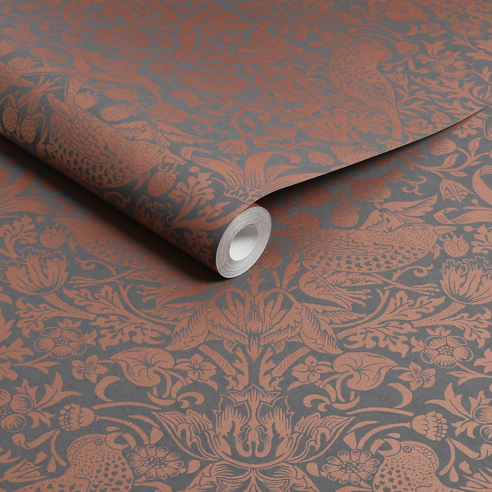 Strawberry Thief Fibrous Charcoal Wallpaper | Gray | William Morris
